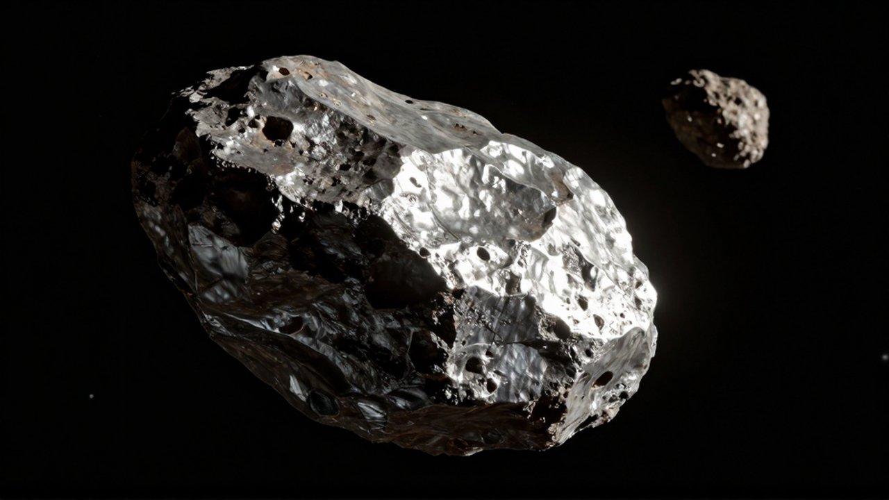 Gran asteroide metálico con cráteres profundos que deriva en el espacio frente a un cuerpo rocoso distante.