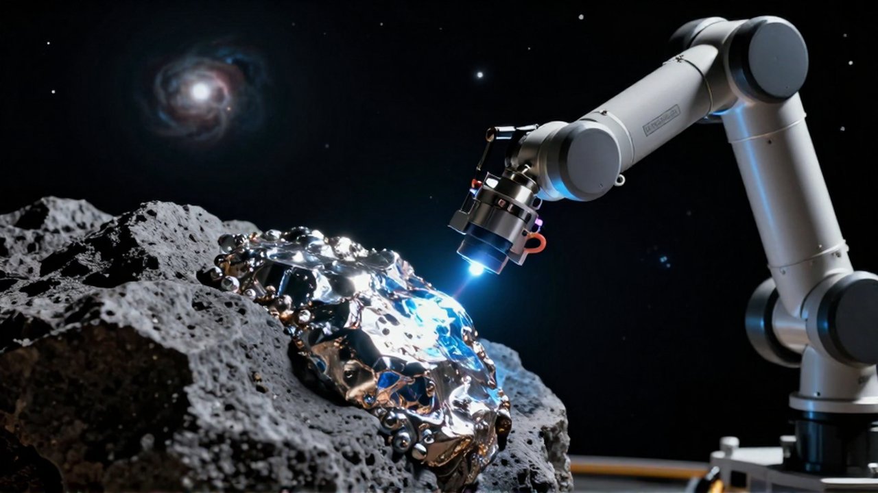 Brazo robótico analiza con un escáner láser la superficie metálica y rocosa de un asteroide en el espacio.