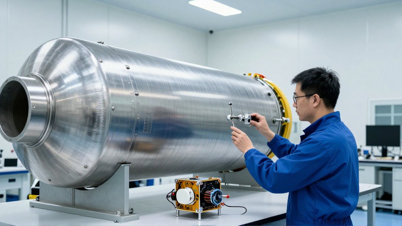Ingeniero aeroespacial inspecciona un gran tanque de combustible junto a un pequeño satélite en un laboratorio de fabricación.