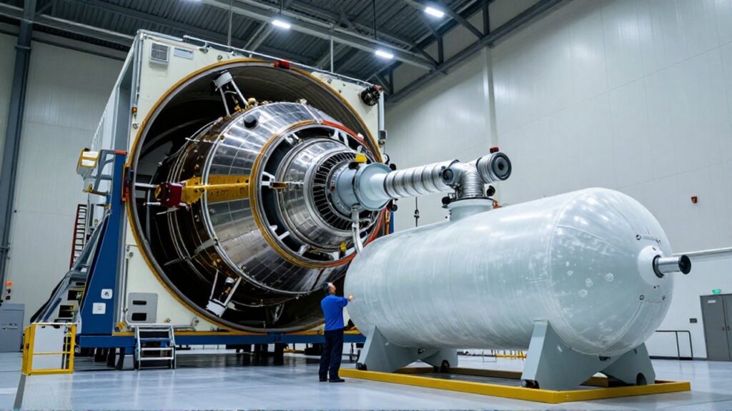 Técnico inspecciona un satélite y un tanque de combustible criogénico dentro de un hangar aeroespacial.