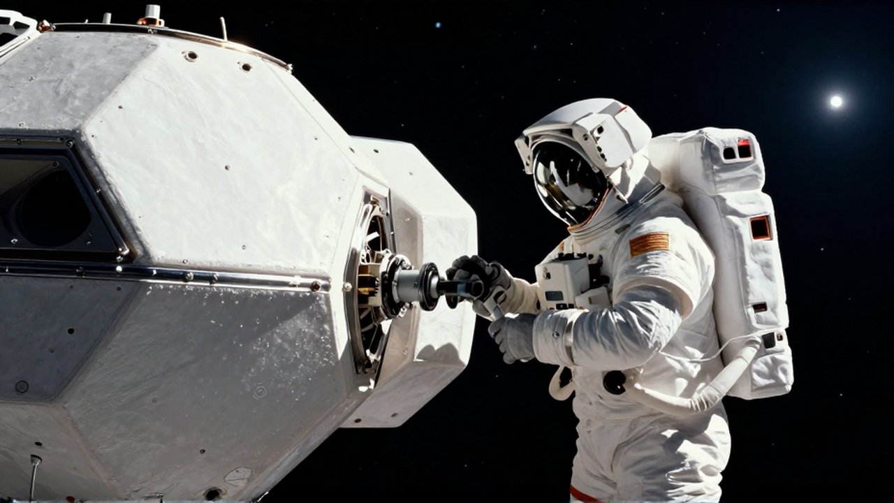 Astronauta con traje blanco inspeccionando el punto de unión de dos módulos habitables en una estación espacial.