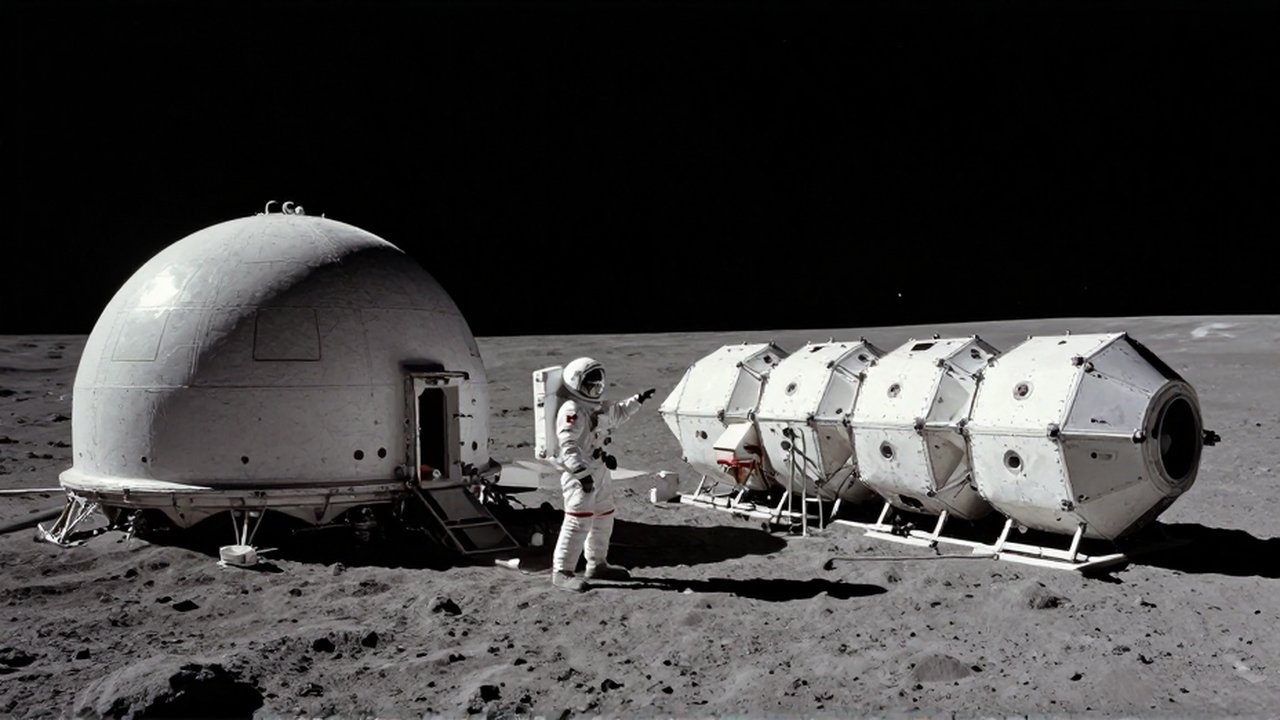 Un astronauta señala la comparativa entre un domo lunar monolítico y una estación modular de cápsulas hexagonales.