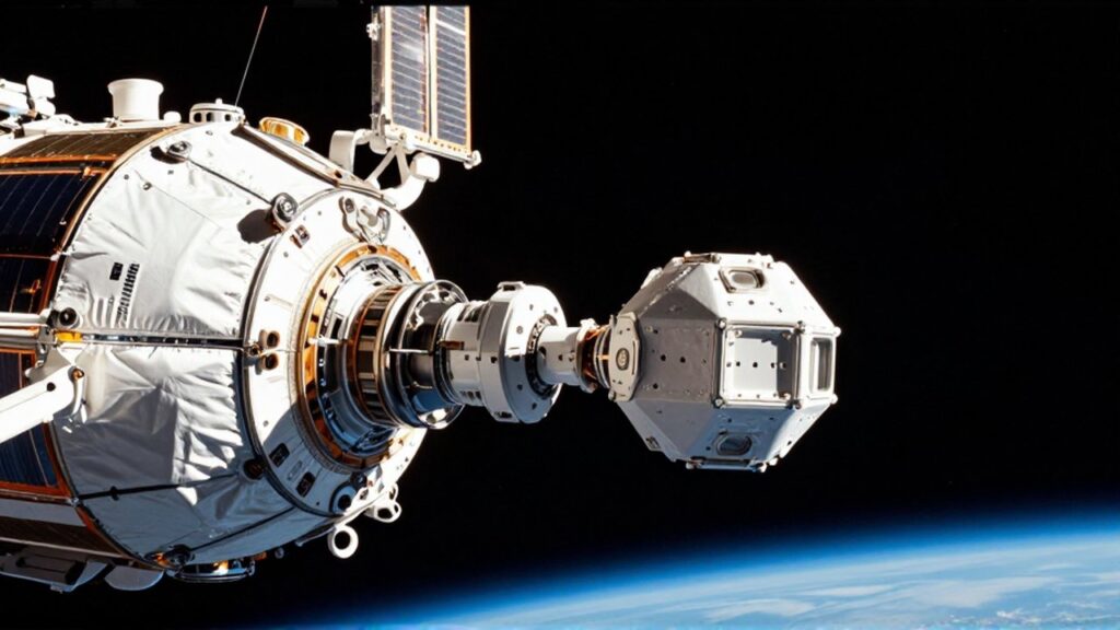 Brazo robótico acopla una unidad modular hexagonal a una gran estación espacial en órbita terrestre.