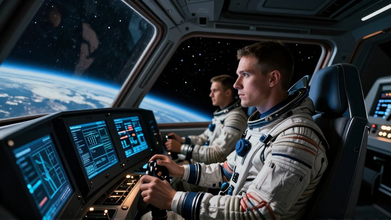 Comandante espacial revisa datos holográficos en la cabina de una nave con la Tierra al fondo.