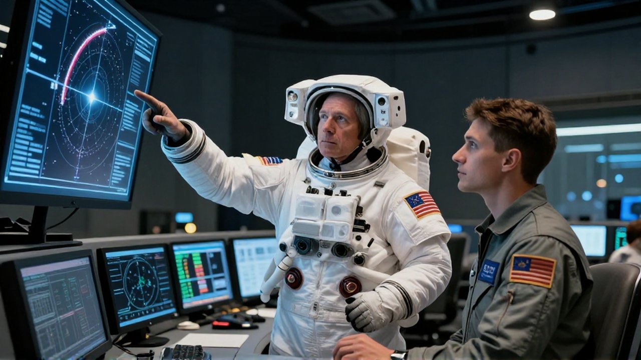 Comandante espacial con traje blanco señala una trayectoria holográfica mientras un joven piloto revisa datos en un centro de control tecnológico.