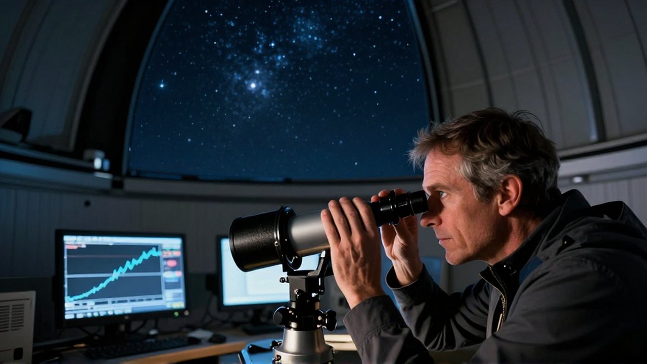 Astrónomo observando a través de un telescopio profesional en un observatorio bajo un cielo estrellado.
