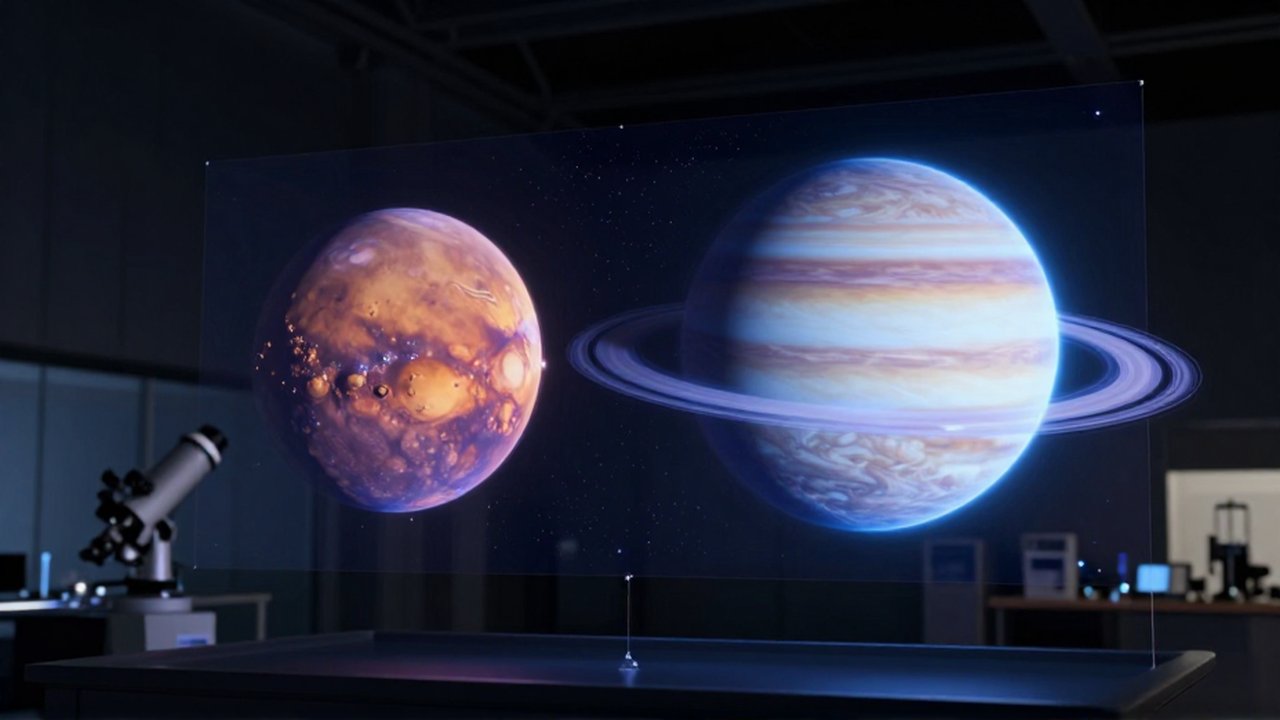 Holograma científico en un observatorio que compara un planeta rocoso con un gigante gaseoso brillante.