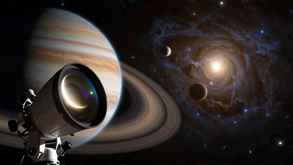 Primer plano de la lente de un telescopio reflejando un planeta rocoso frente a un fondo de nebulosas y exoplanetas lejanos.