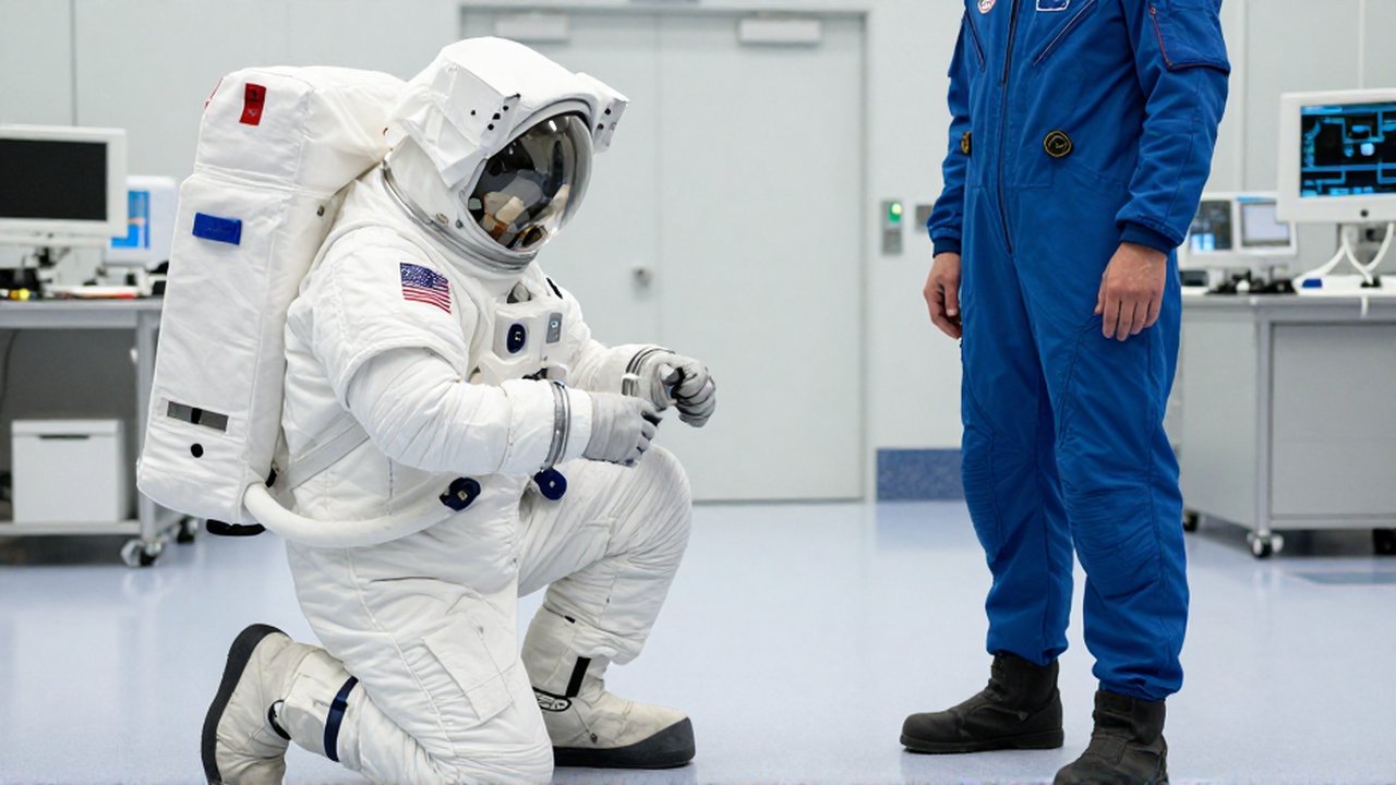Astronautas comparan en un laboratorio la textura de un voluminoso traje espacial frente a un mono de vuelo ligero.