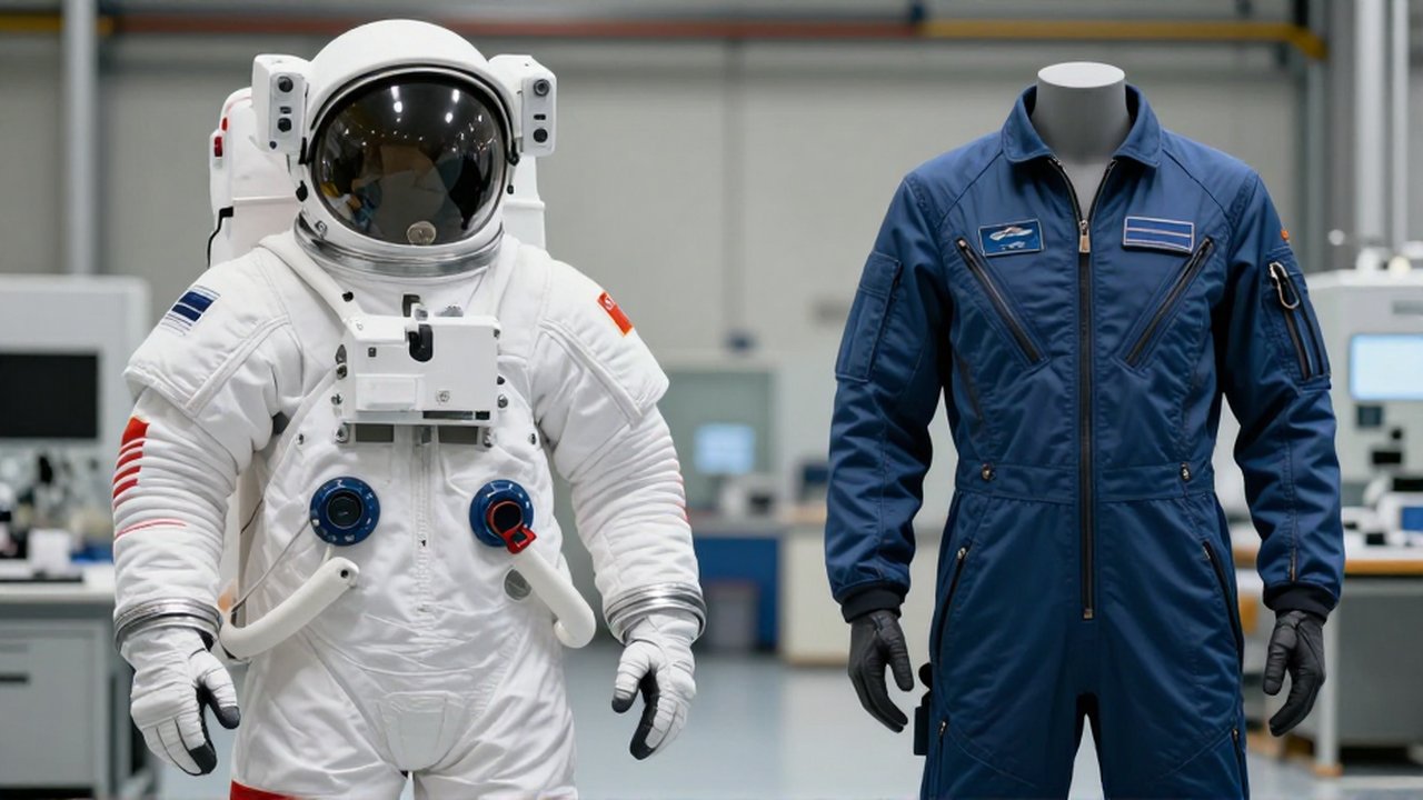 Comparativa entre un voluminoso traje espacial blanco con casco y un ajustado traje de vuelo aerodinámico.