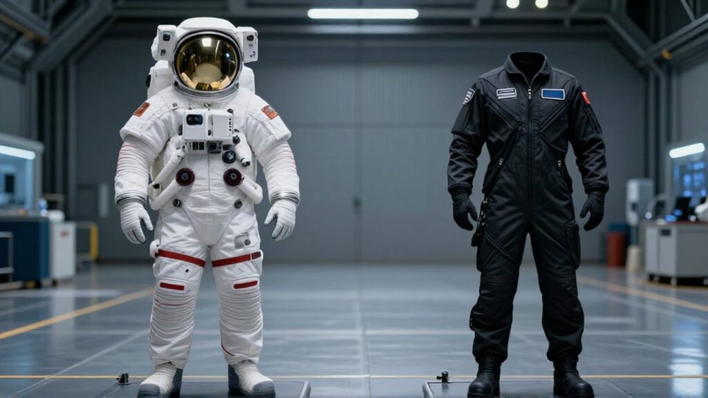 Comparativa de un voluminoso traje espacial blanco frente a un ajustado traje de vuelo negro en un hangar tecnológico.