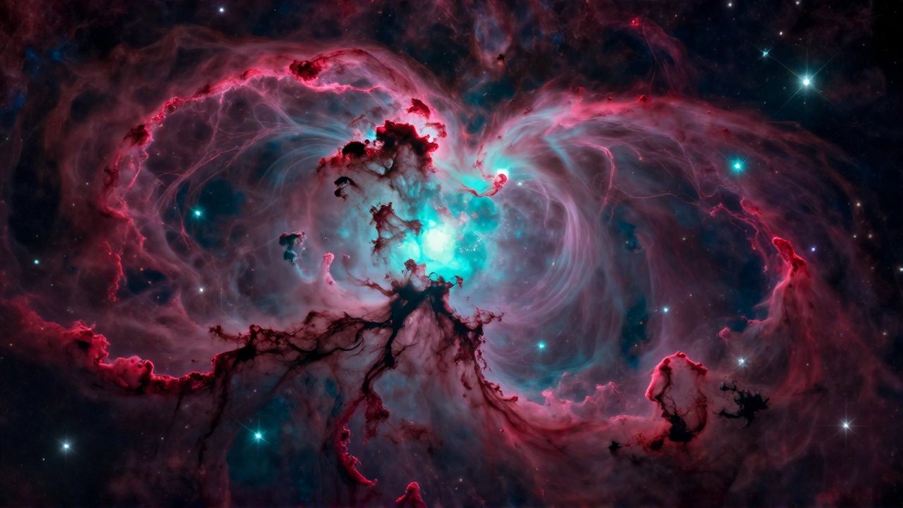 Nebulosa celestial con nubes de gas en tonos carmesí y cerceta rodeadas de estrellas brillantes.