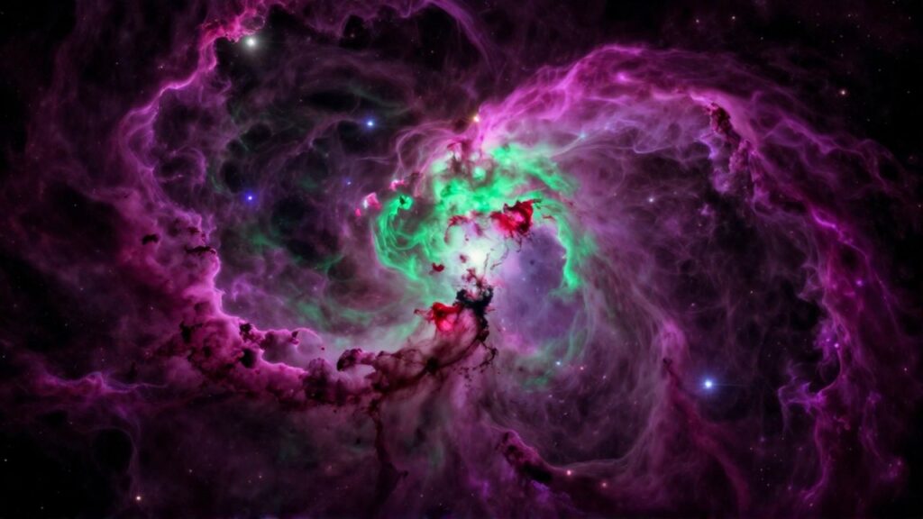 Nebulosa luminosa con densas nubes de gas en tonos magenta