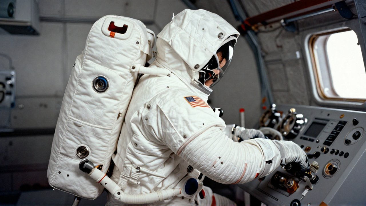 Astronauta en traje espacial inspeccionando los manguitos y válvulas de una mochila de soporte vital.