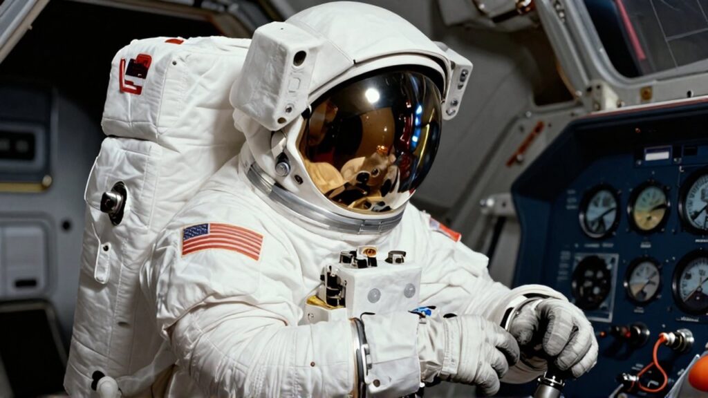 Astronauta con traje espacial blanco revisando sus guantes dentro de la cabina metálica de una nave.