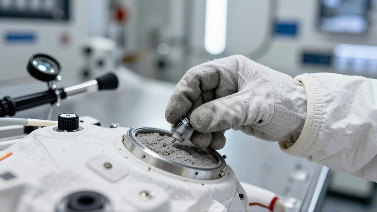 Un astronauta inspecciona con un guante restos de polvo lunar en el sello de un traje espacial.