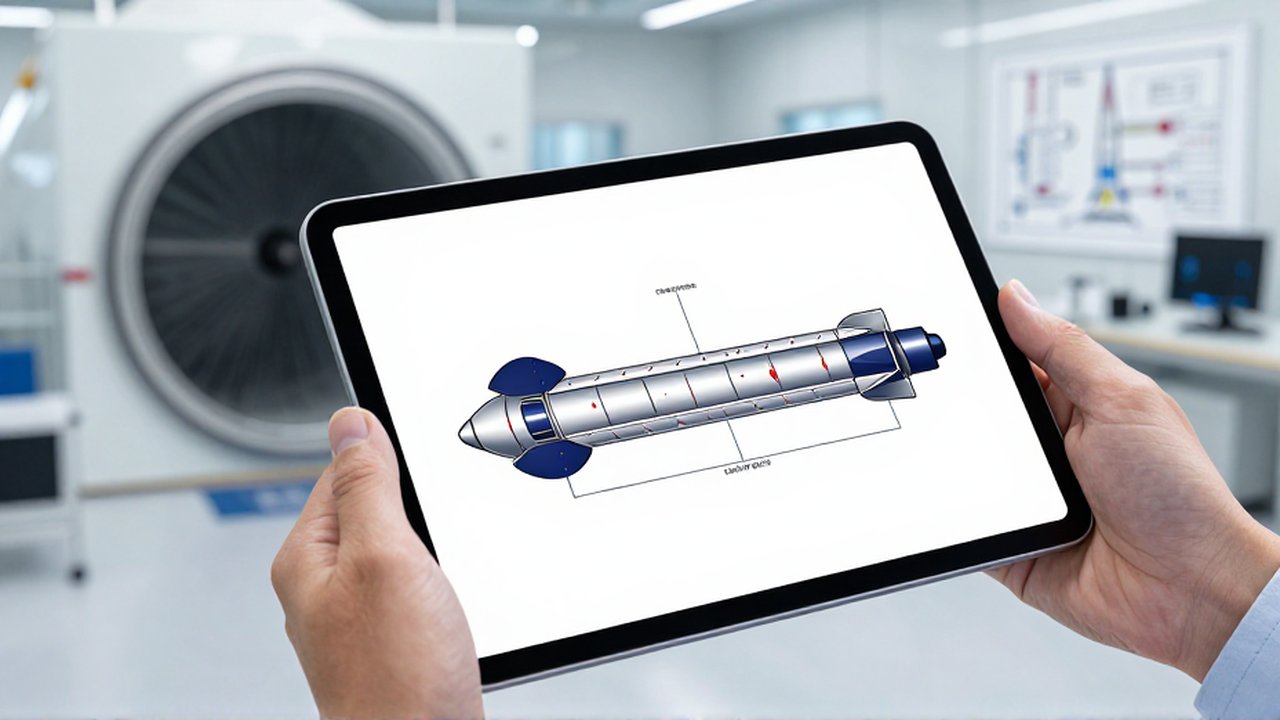 Primer plano de una tablet que muestra el diagrama aerodinámico de un cohete en un laboratorio aeroespacial.