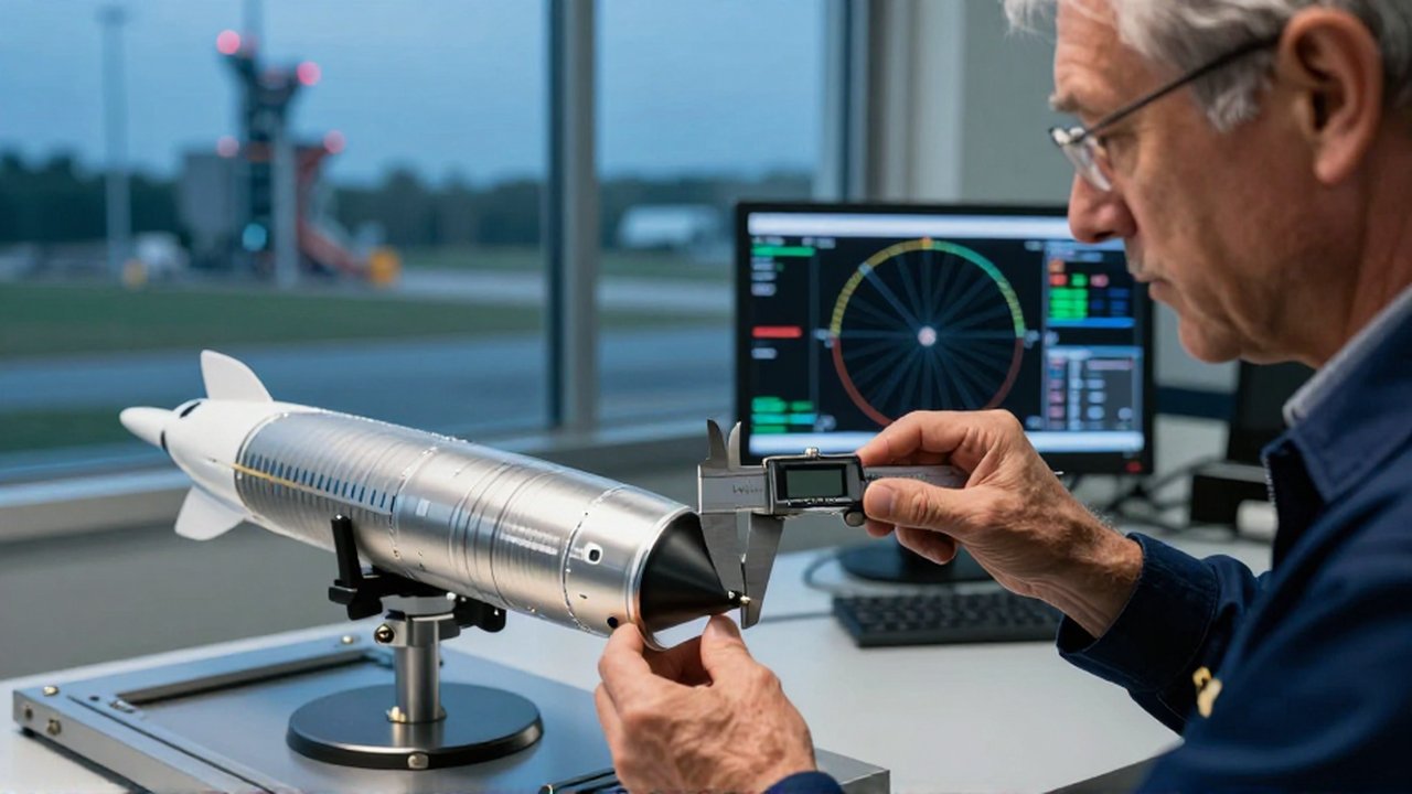 Ingeniero aeroespacial midiendo con un calibre digital la estabilidad de un modelo de cohete en un laboratorio.