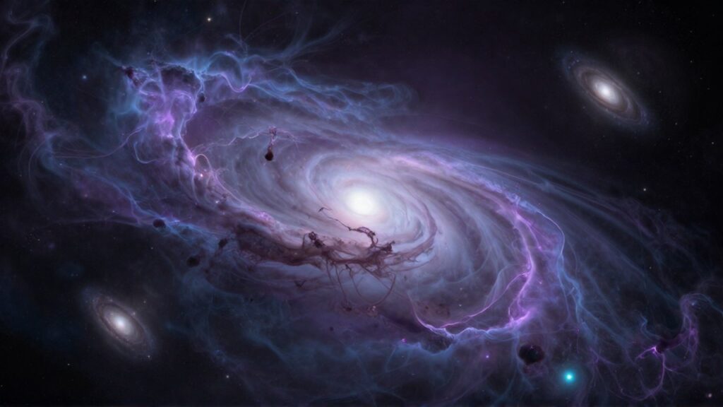 Filamentos de gas incandescente en tonos violetas y cian fluyen entre galaxias distantes en el espacio profundo.
