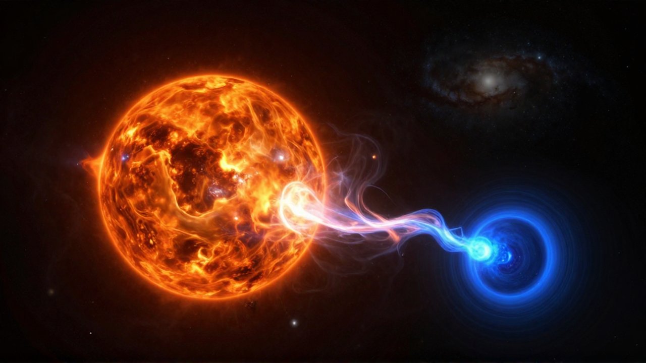 Una gigante naranja transfiere plasma brillante hacia una pequeña estrella azul en un entorno nebular.