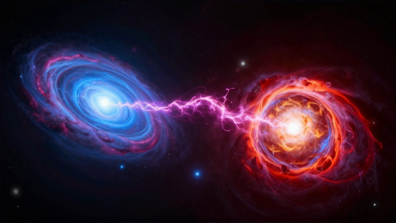 Una estrella gigante azul y una roja intercambian un flujo intenso de plasma brillante en el espacio profundo.