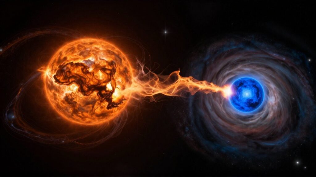 Una estrella gigante naranja transfiere gas incandescente a una estrella azul mediante un puente de plasma.