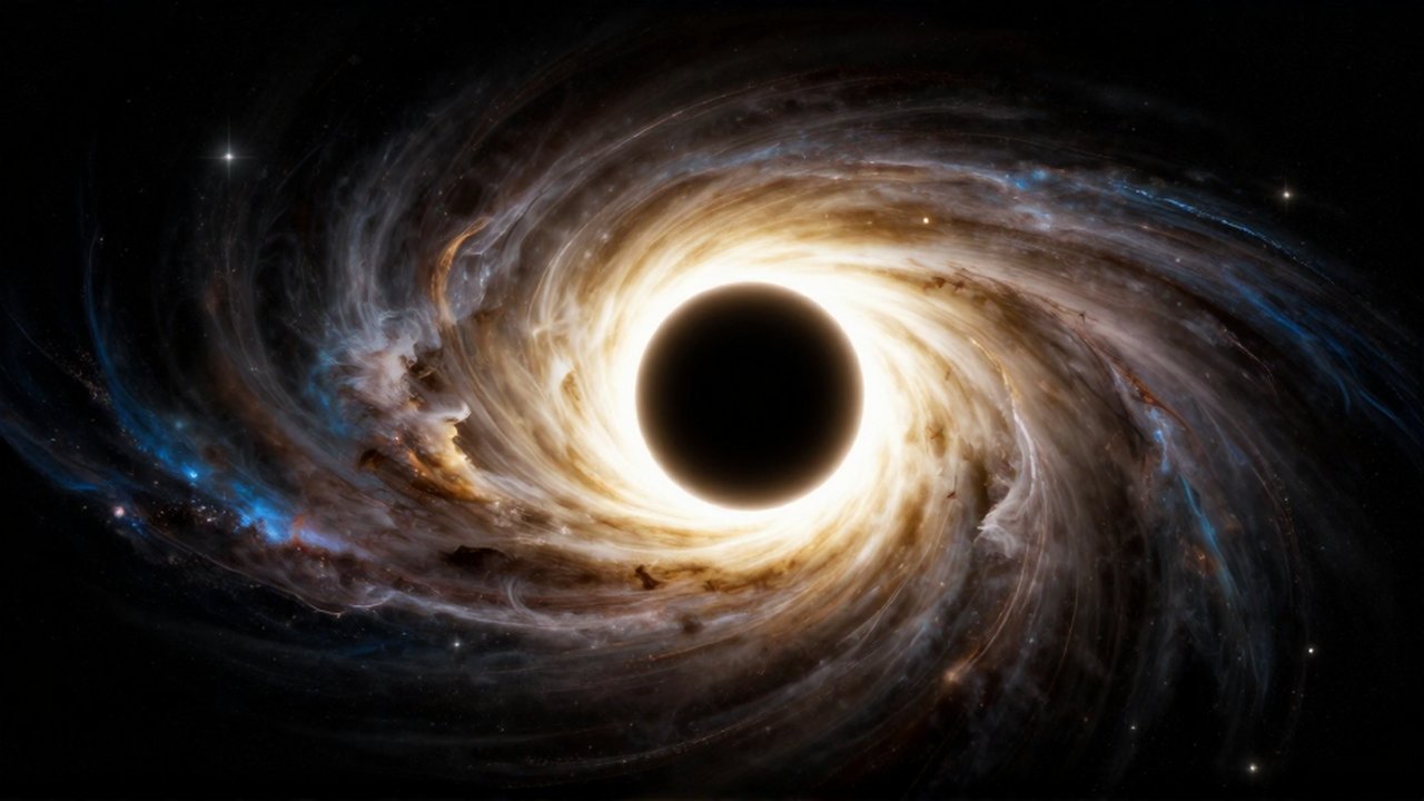 Un agujero negro con un disco de acreción brillante de gas y polvo girando en el vacío espacial.