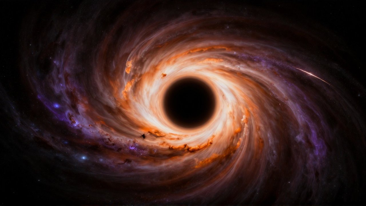 Disco de plasma naranja y blanco girando hacia un agujero negro central rodeado de estrellas.