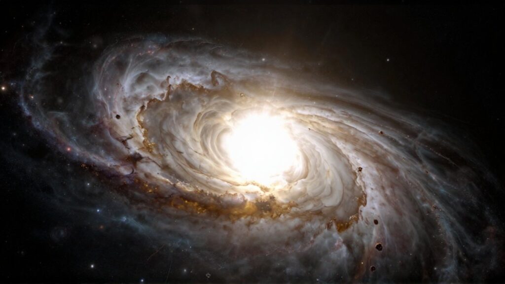 Un núcleo de energía blanca brillante y un disco de gas supercaliente orbitan un agujero negro en el espacio profundo.