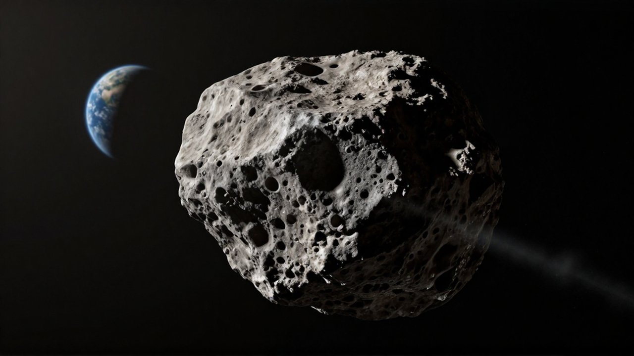 Asteroide rugoso y de gran tamaño que se desplaza por el espacio frente al horizonte de la Tierra.