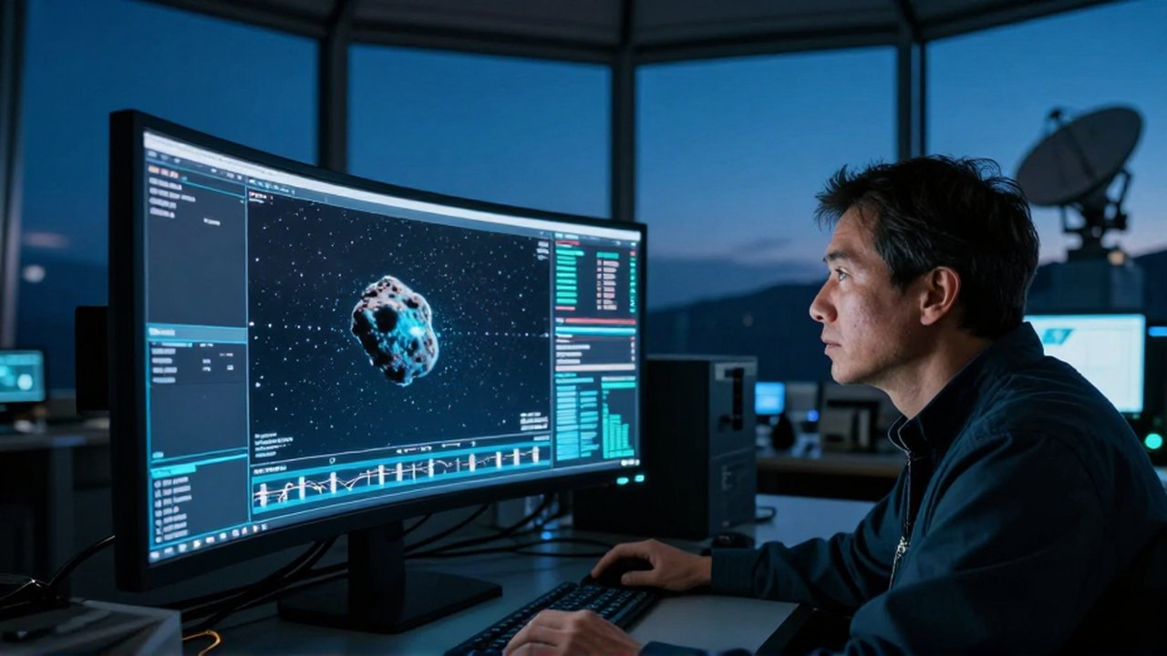 Astrónomo concentrado monitoreando el seguimiento digital de un asteroide en una pantalla de observatorio de alta tecnología.