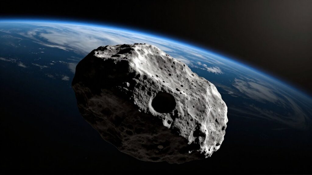 Asteroide rocoso de gran tamaño orbitando en primer plano frente a la curvatura de la Tierra.