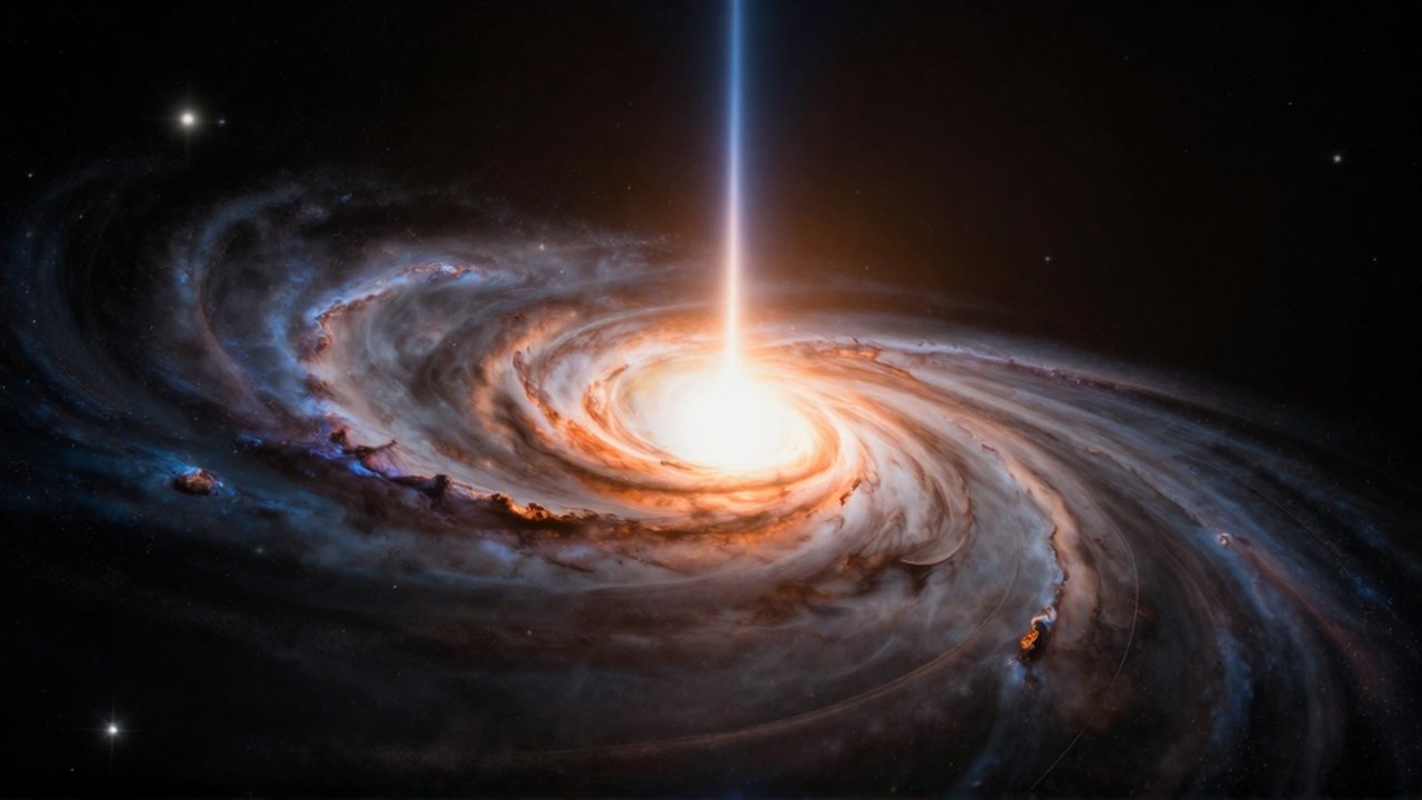 Agujero negro gigante con un disco de acreción brillante y un potente chorro de luz vertical.