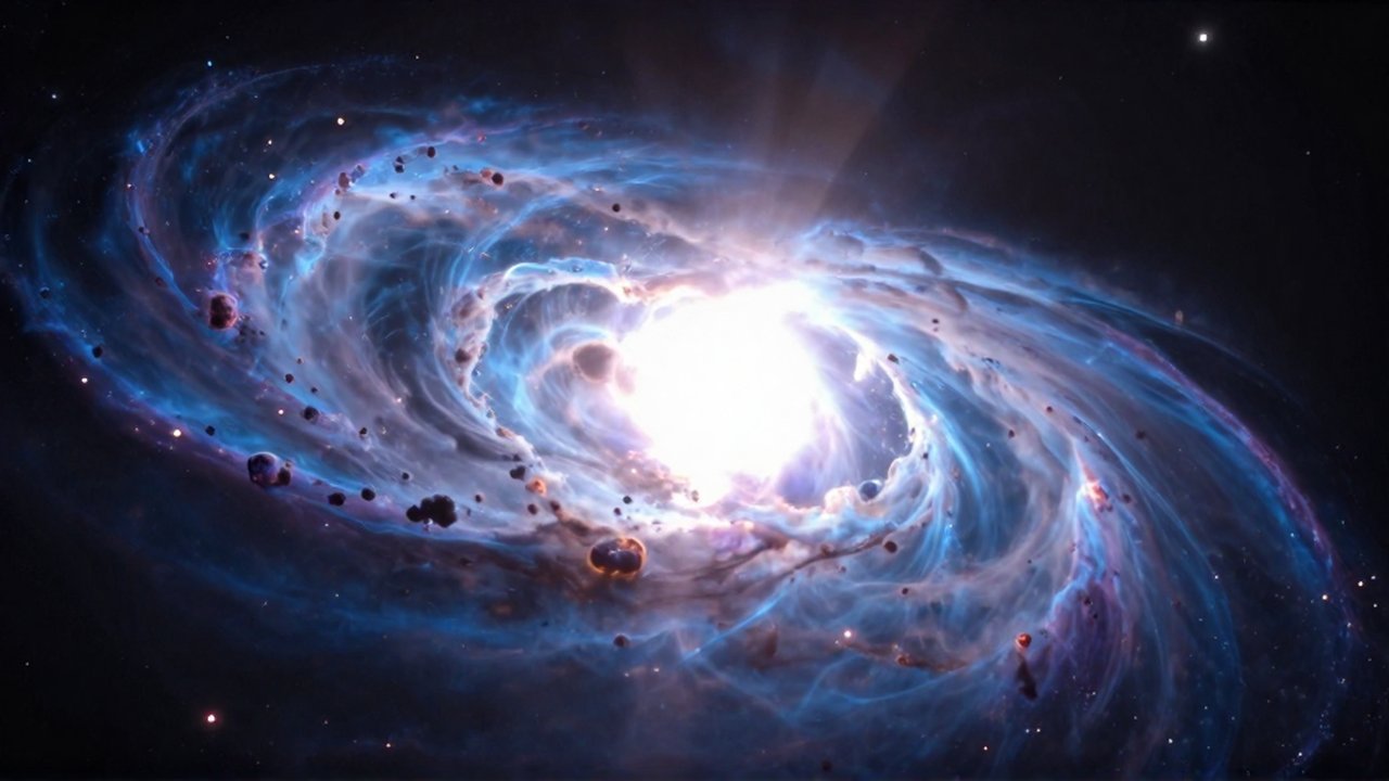 Explosión de una supernova azul en el espacio con una nebulosa brillante y un núcleo incandescente.