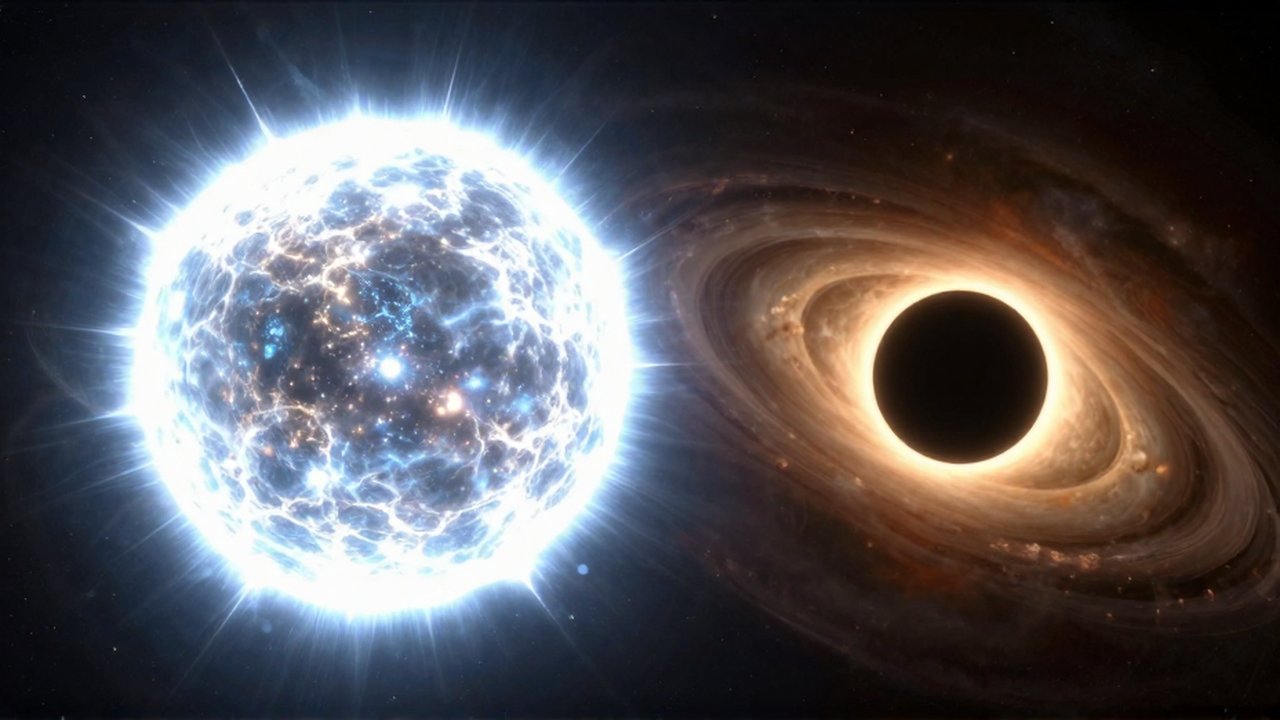 Una estrella de neutrones brillante y azul gira junto a un agujero negro con un disco de gas dorado.