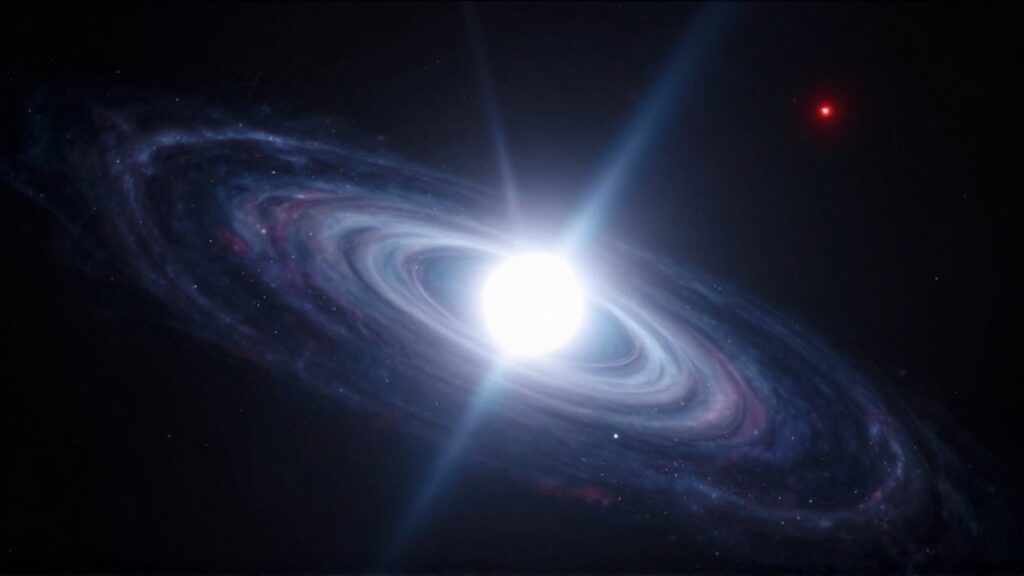 Estrella de neutrones rotando en el espacio profundo con potentes haces de luz azul emitida desde sus polos.