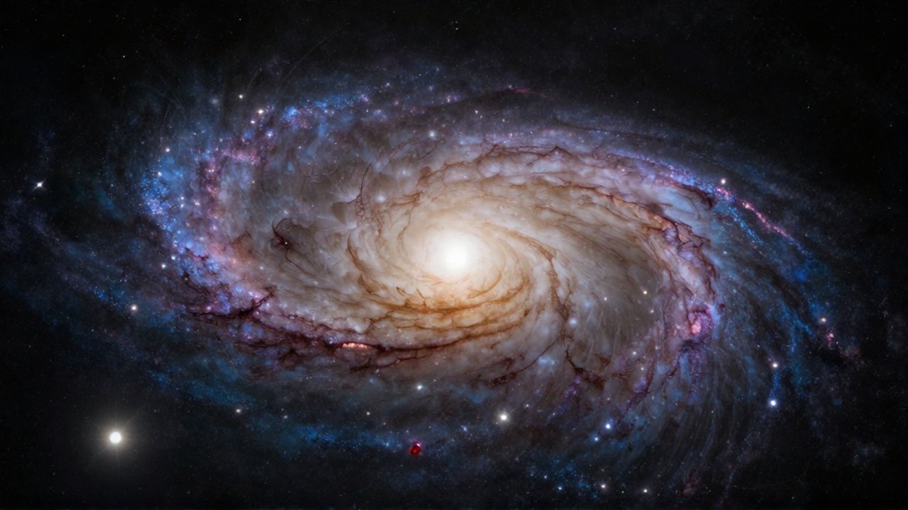 Vista cinematográfica de una galaxia espiral con un centro brillante y brazos de estrellas doradas sobre un fondo cósmico.
