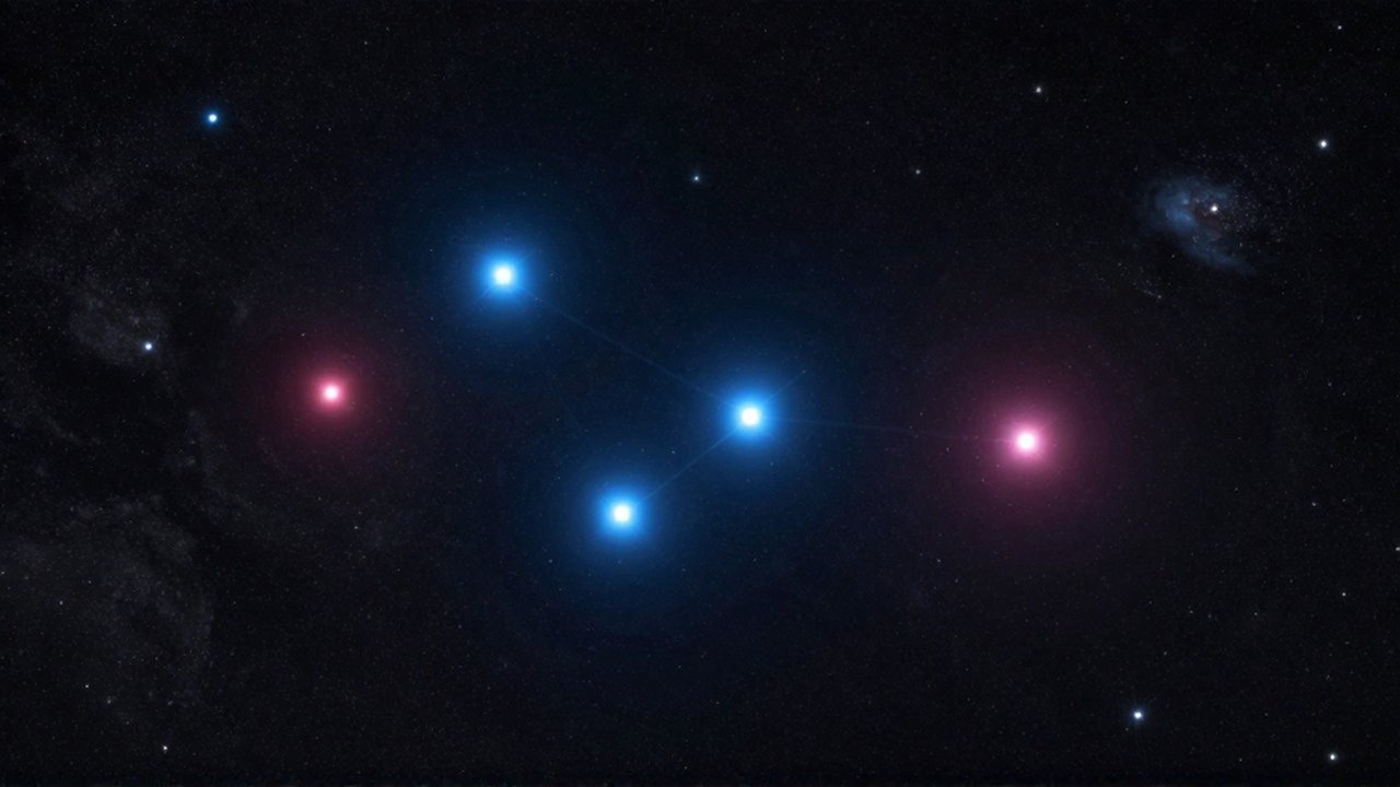Constelación de Orión con sus estrellas principales destacando sobre un fondo de nebulosas y galaxias lejanas.