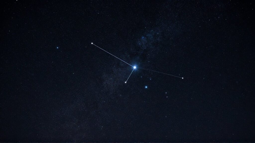 Constelación de Orión con sus estrellas principales y el cinturón alineado sobre un fondo cósmico oscuro.