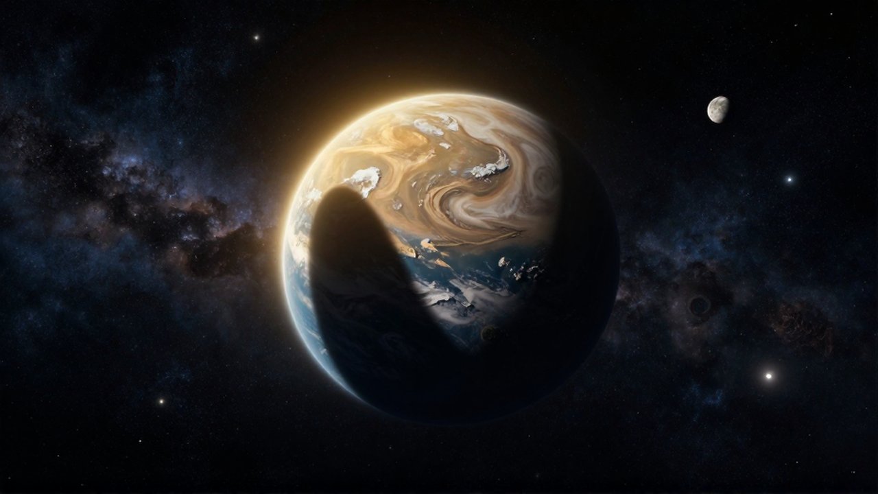 Exoplaneta rocoso con nubes y océanos orbitando una estrella en un campo de estrellas distante.