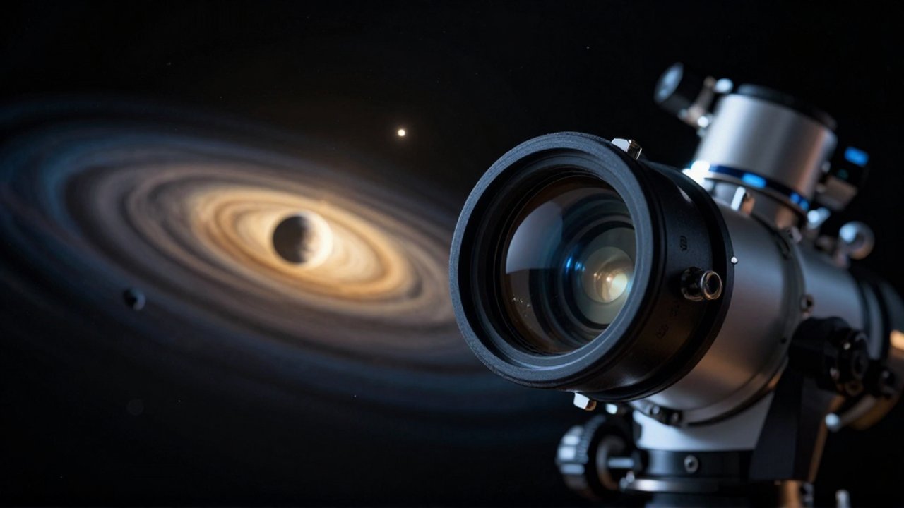 Primer plano de un lente de telescopio capturando la luz de una estrella y un exoplaneta distante.