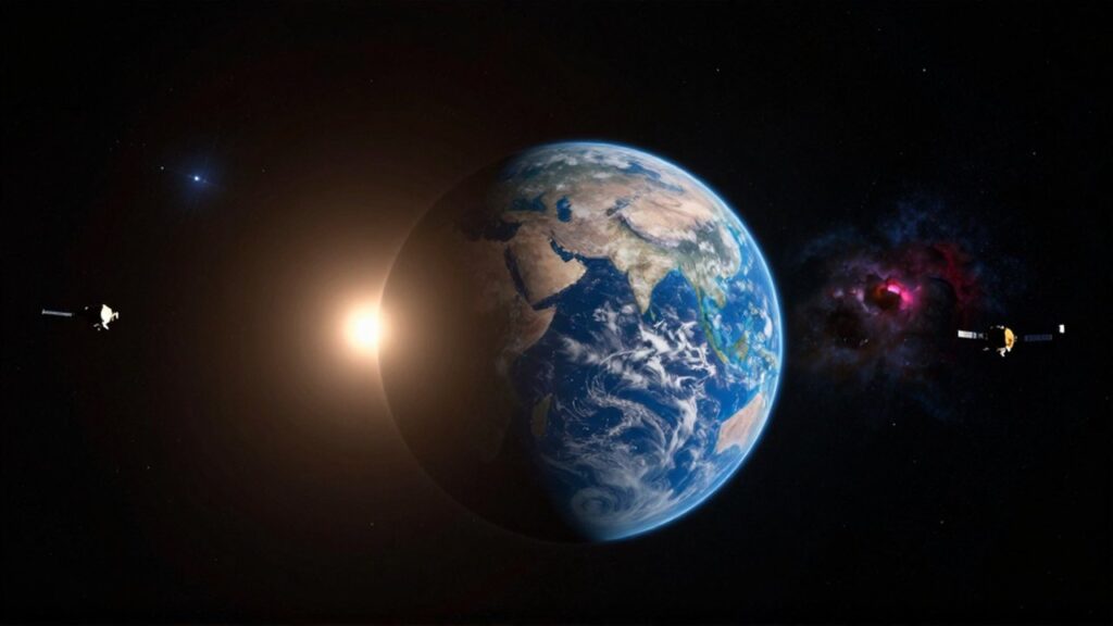Exoplaneta con océanos azules y nubes blancas orbitado por un satélite científico en el espacio profundo.