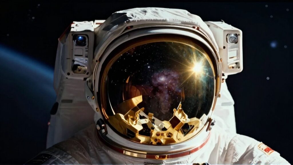 Primer plano de un casco de astronauta con visor dorado que refleja una nebulosa y estrellas.