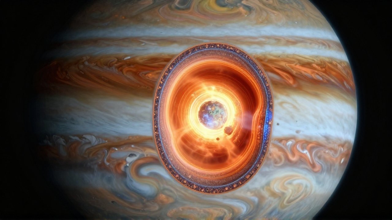 Diagrama de corte transversal de Júpiter que revela su núcleo brillante, capas de hidrógeno metálico y atmósfera gaseosa.