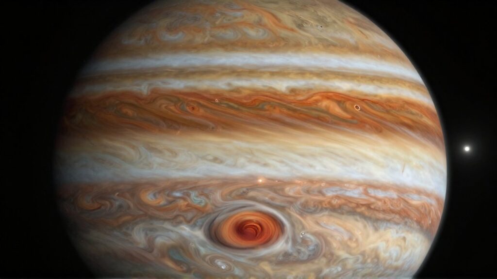 Primer plano detallado de la atmósfera turbulenta de Júpiter con sus bandas de gas y la Gran Mancha Roja.