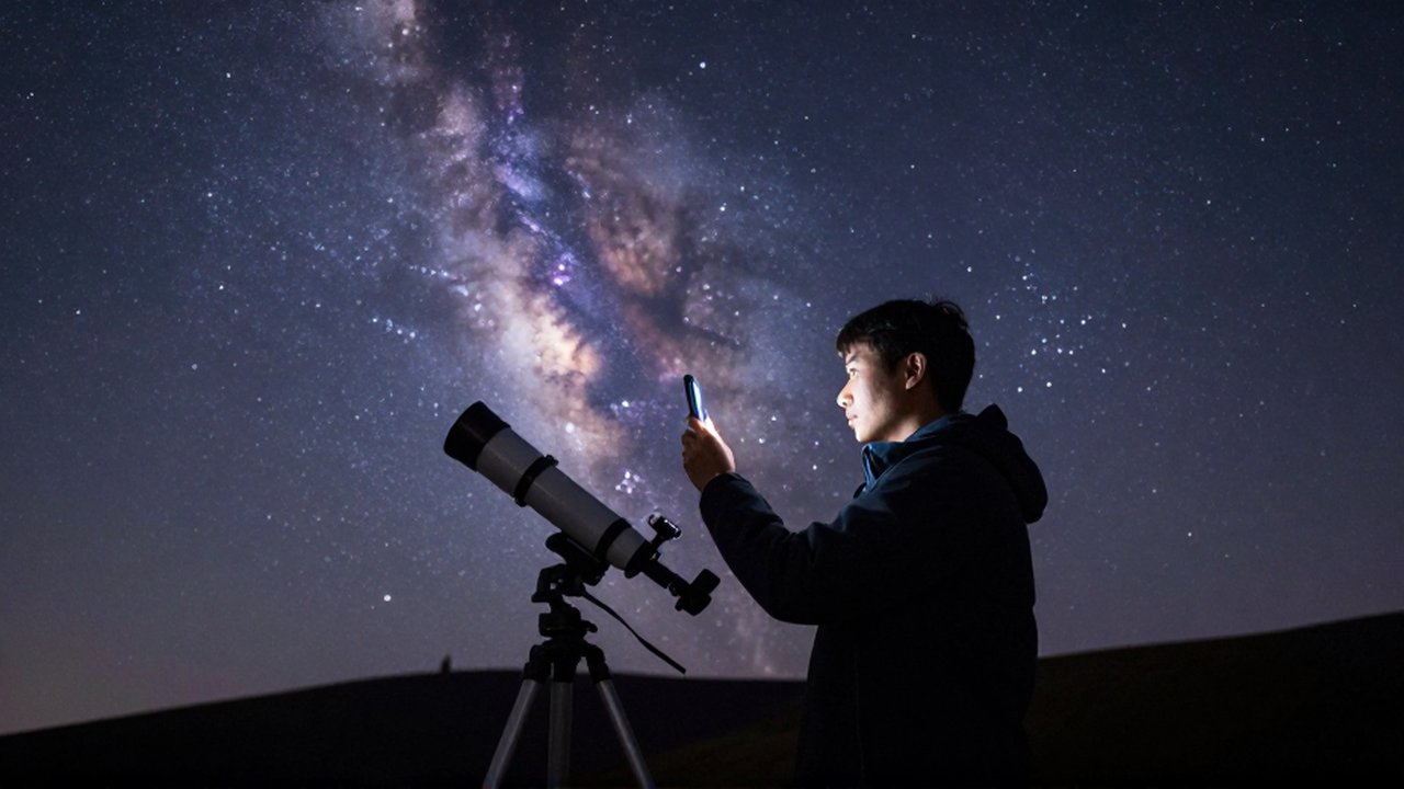 Astrónomo observando las constelaciones con un smartphone bajo un cielo nocturno lleno de estrellas.