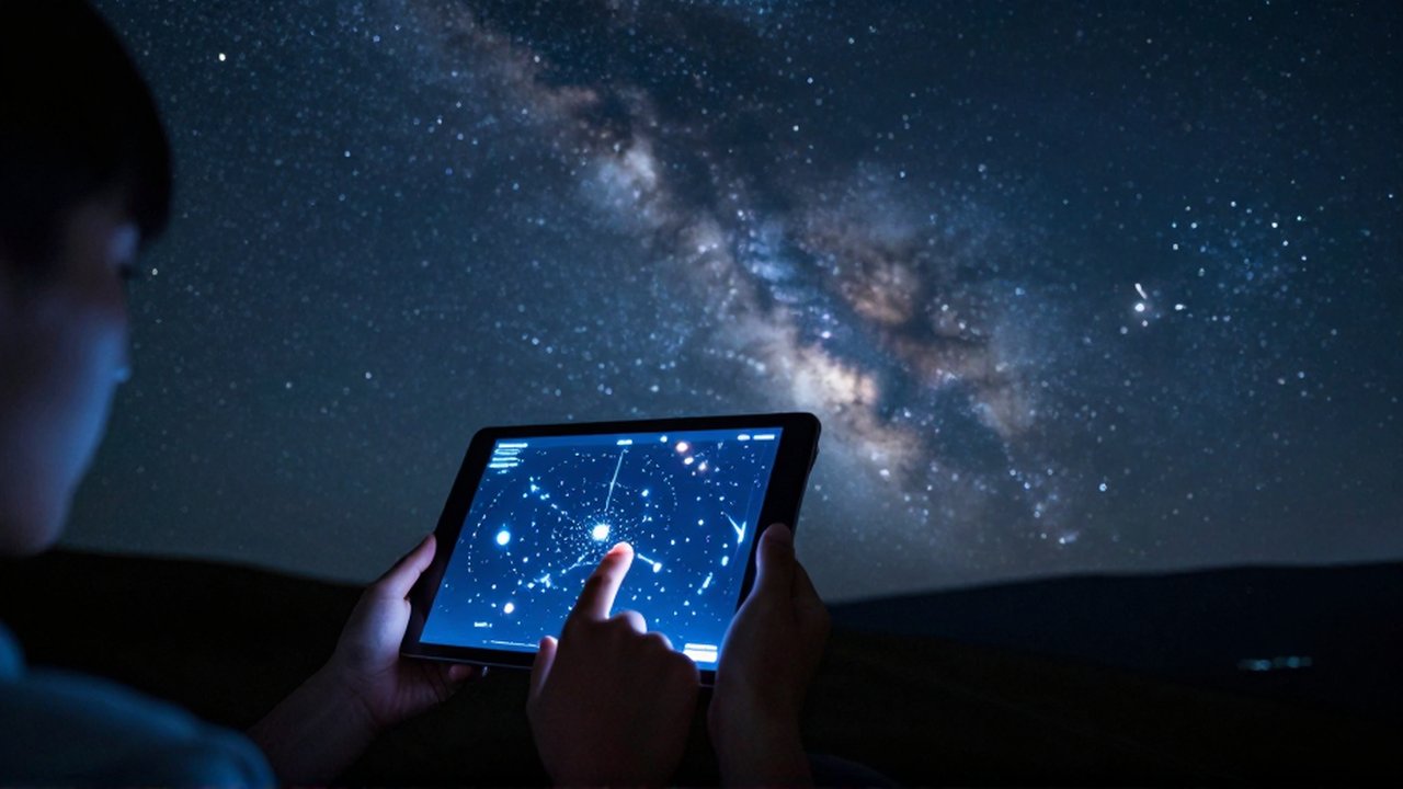 Manos sosteniendo una tableta con un mapa estelar luminoso bajo un cielo nocturno estrellado.