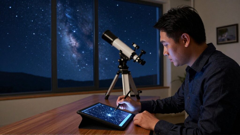 Astrónomo analizando un mapa estelar digital en una tableta frente a un telescopio y un cielo estrellado.