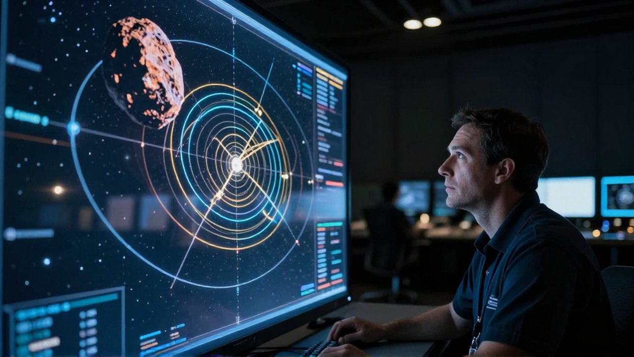 Ingeniero aeroespacial observa con concentración el mapa holográfico de la trayectoria orbital de un asteroide.