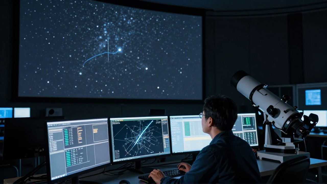 Analista de datos estudia la trayectoria de un asteroide en una pantalla dentro de un centro de control astronómico.